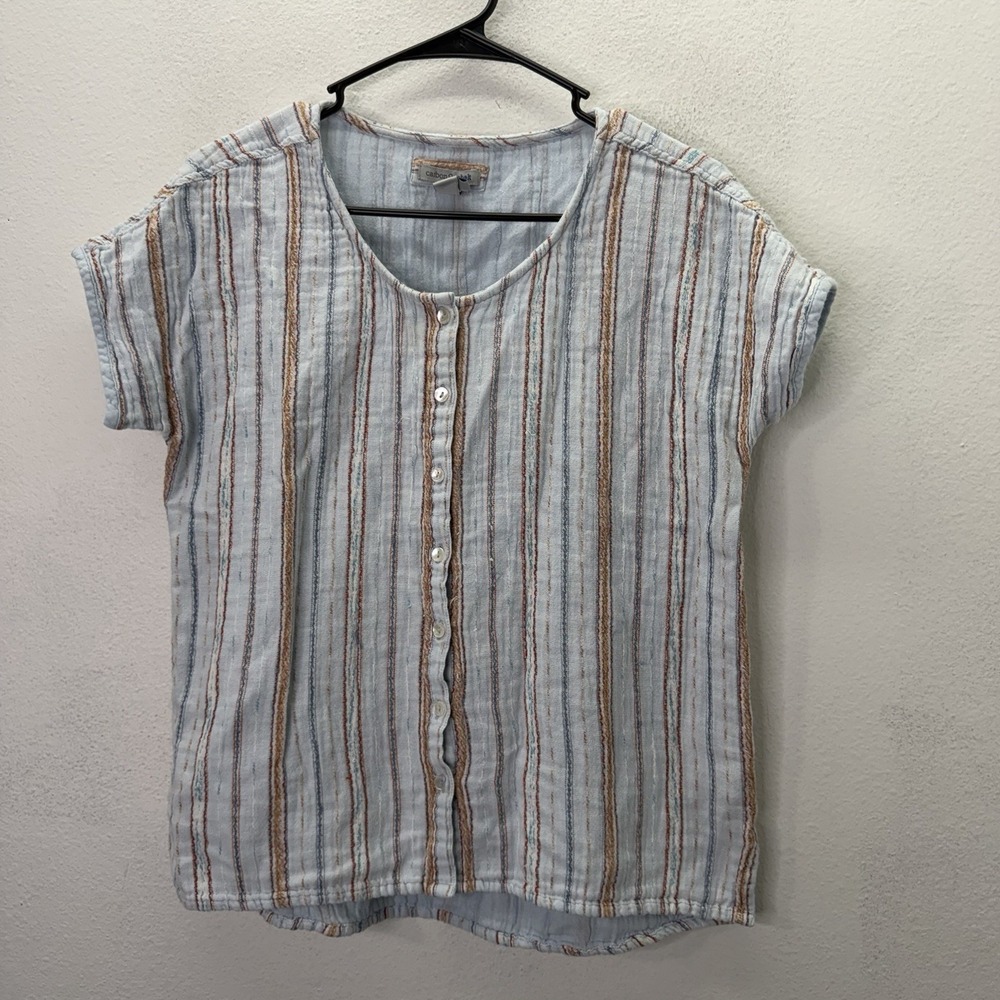 Carbon2Cobalt 100% Cotton Striped Button Front Top Sz M Boho Beachy Blue